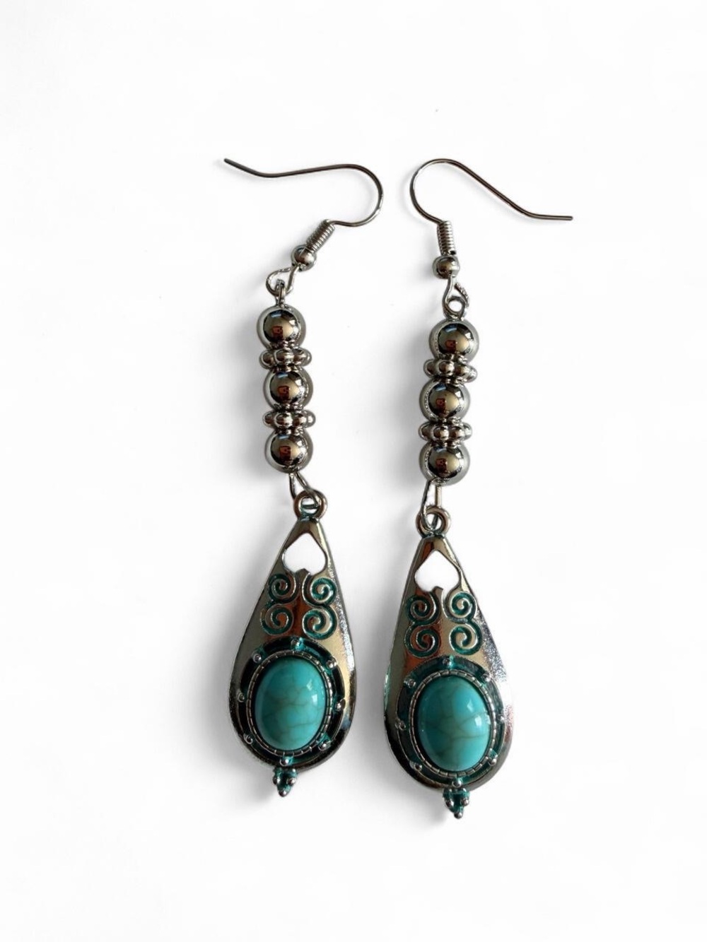 Handmade Turquoise Patina Teardrop Dangle Earrings Silver Boho